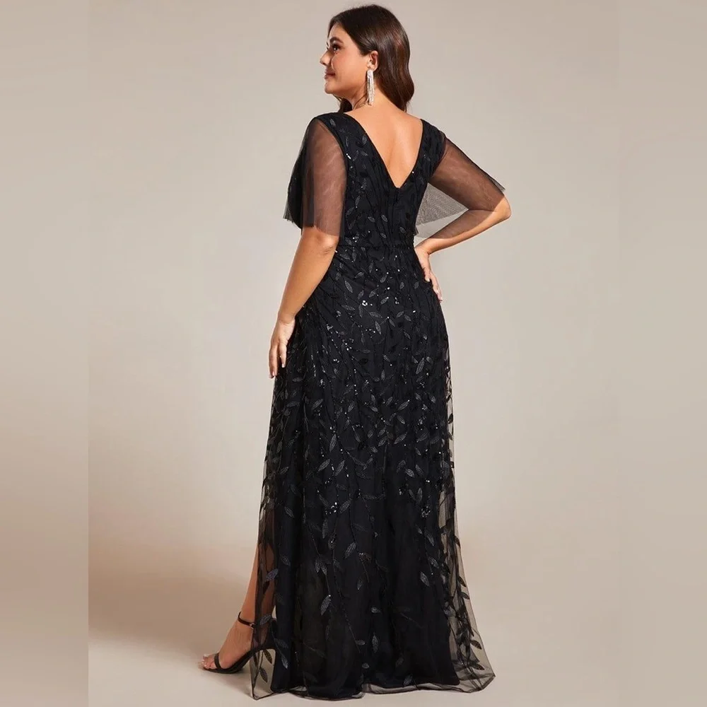 🆕 Plus Size Short Sleeves Sequin High Low V-Neck Midi Formal Evening Dress - Picture 2 of 3